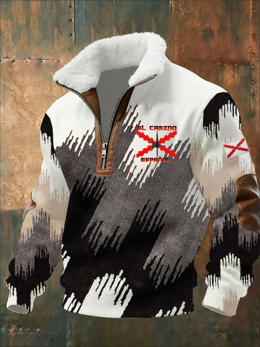 Sudadera con cremallera media casual de moda retro para hombres con cuello de piel