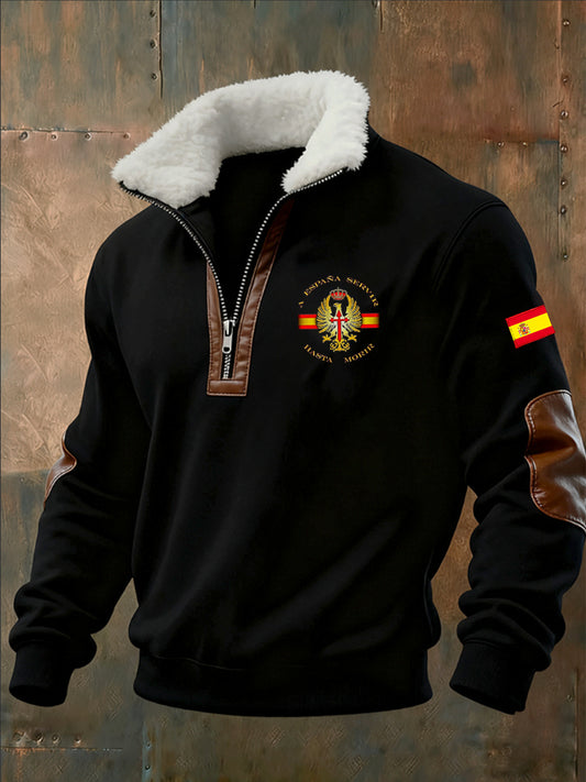 Sudadera con cremallera media casual de moda retro para hombres con cuello de piel