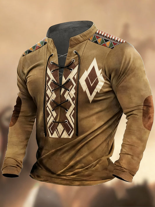 Vintage Western Art Print Country Style Cuello en V Henley Camisa de manga larga