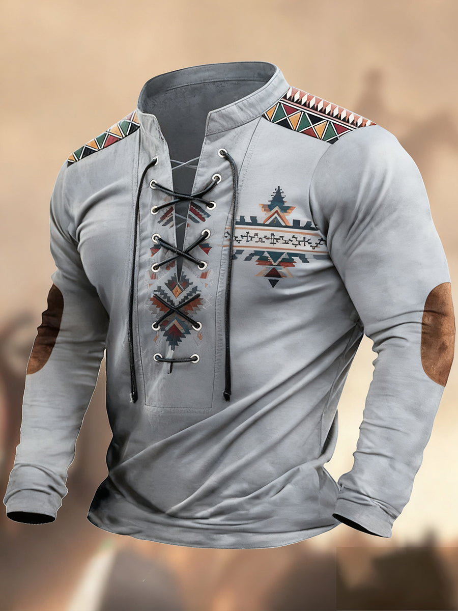 Vintage Western Art Print Country Style Cuello en V Henley Camisa de manga larga