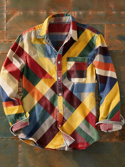 Camisa de manga larga casual de impresión de arte abstracto retro de los hombres