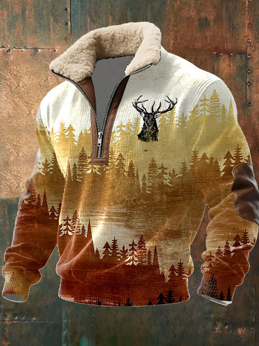 Hombres Retro Western Art Print Casual cremallera cuello de piel sudadera