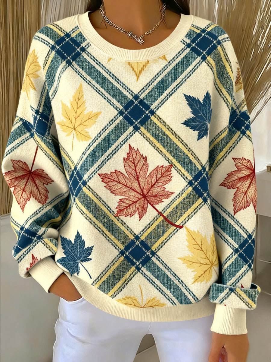 Mujer Thanksgiving Maple Leaf Plaid Artistic Crew Neck Pullover