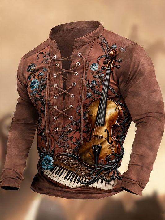 Vintage Western Art Print Country Style Cuello en V Henley Camisa de manga larga