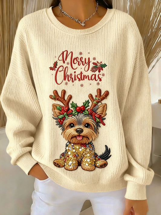 Suéter de cuello redondo de perrito lindo vintage de Navidad para mujer