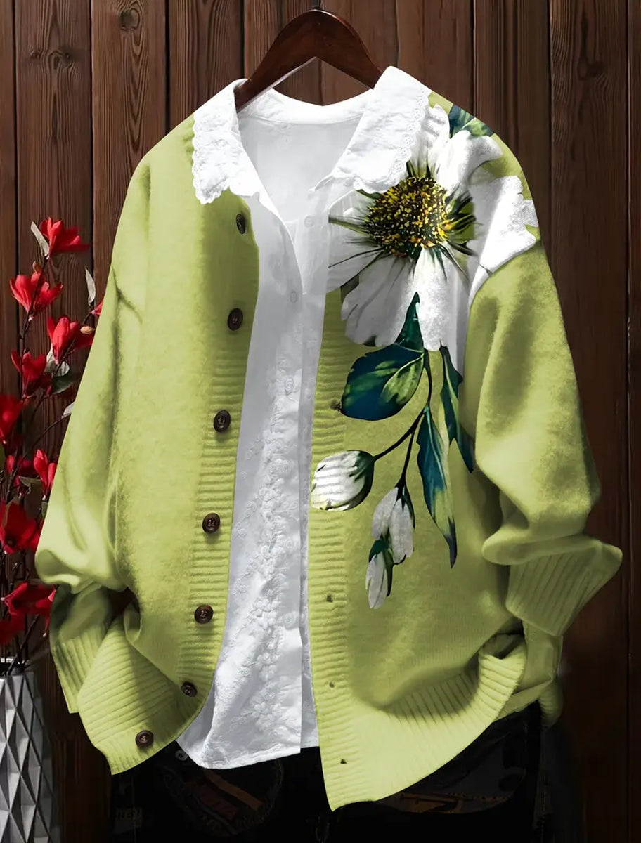 Mujeres Retro Floral Art Print cómodo suéter Cardigan