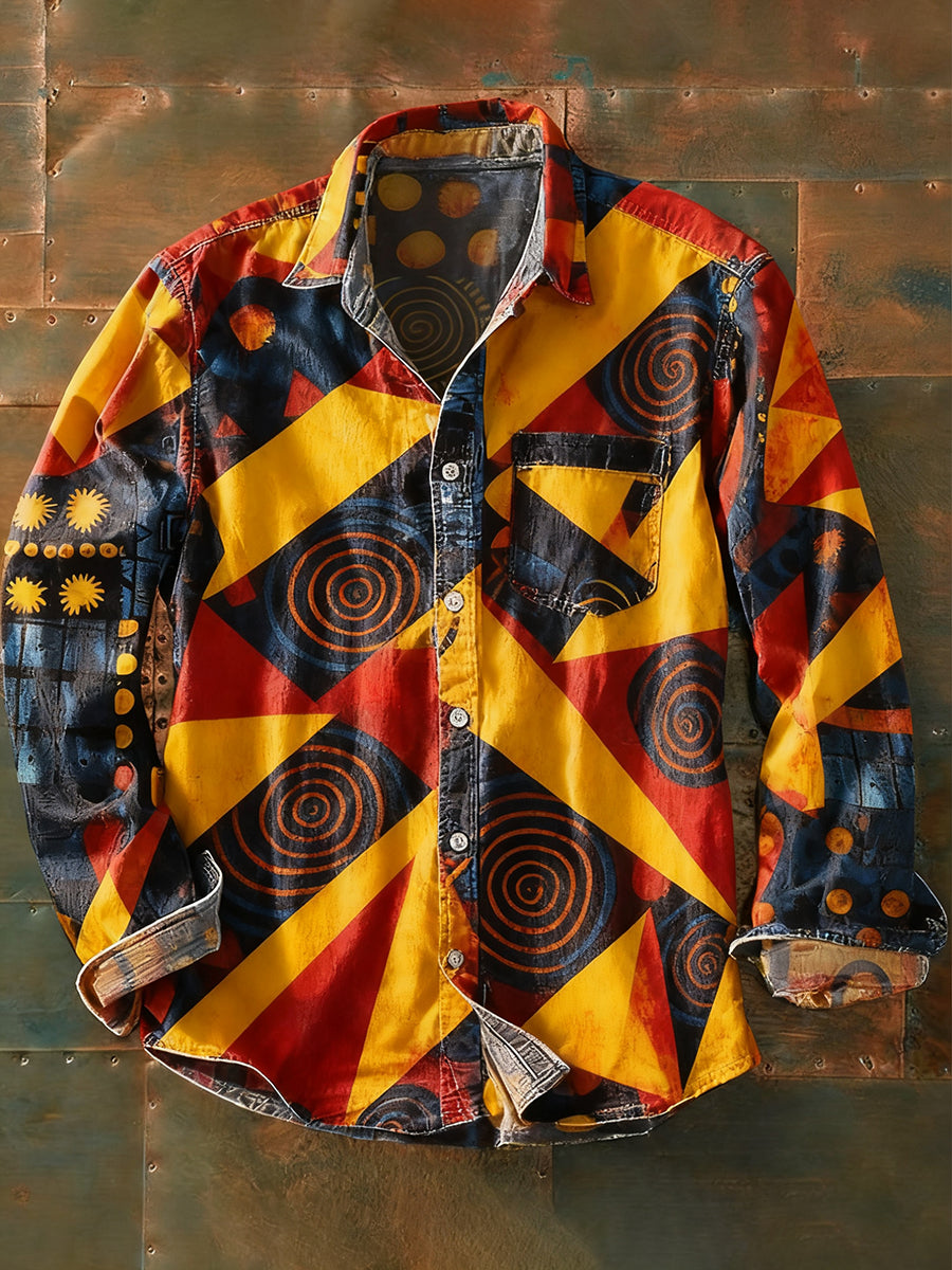 Camisa de manga larga casual de impresión de arte abstracto retro de los hombres
