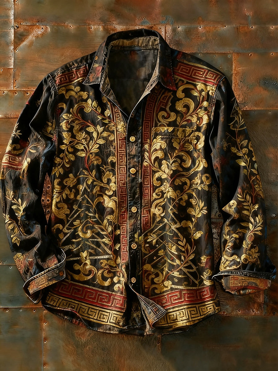 Camisa de manga larga casual de impresión de arte abstracto retro de los hombres
