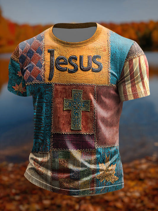 Camiseta de manga corta con estampado de arte cruzado de fe casual retro para hombre