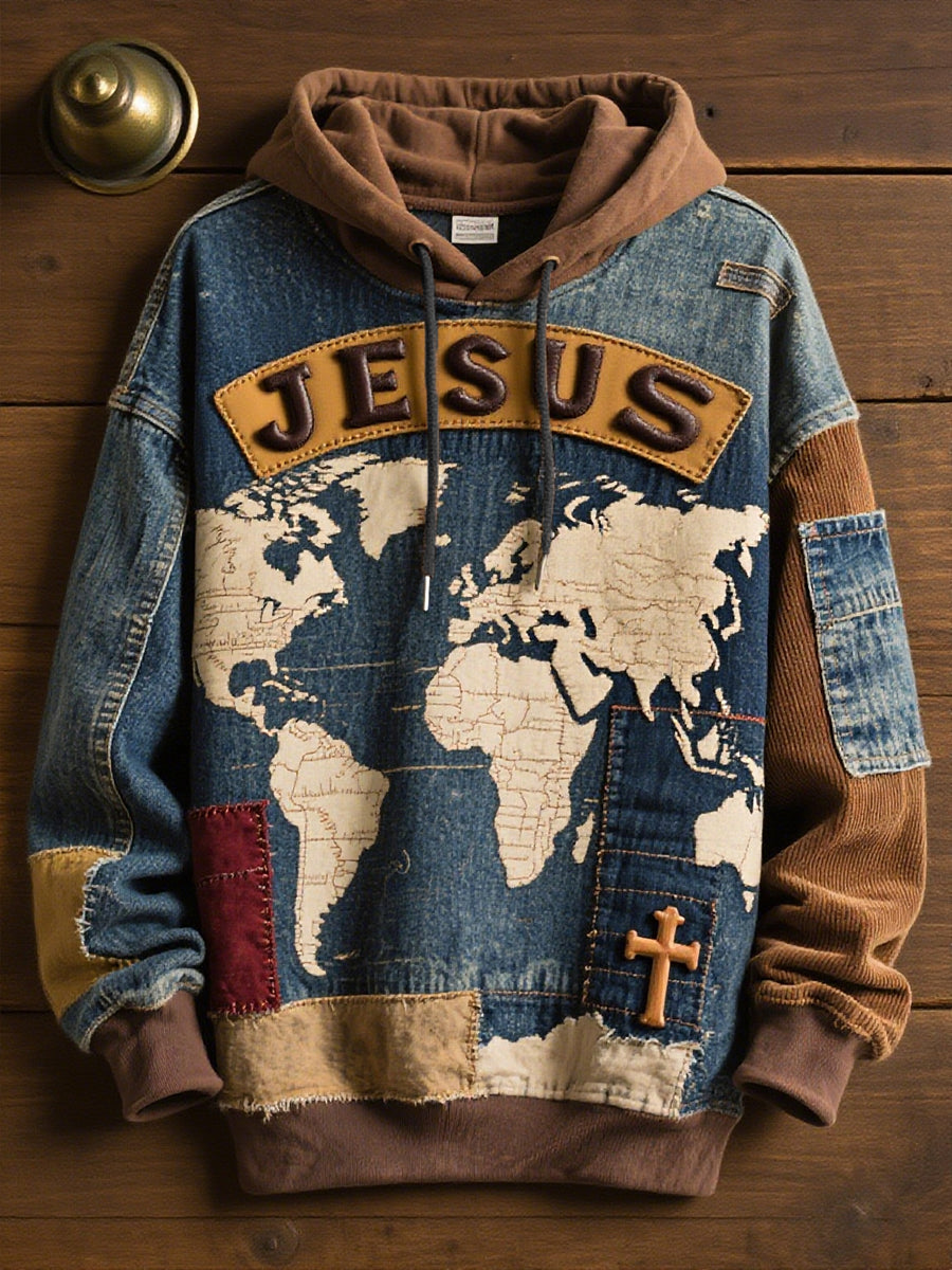 Retro Casual Faith Cross Art Print Oversized Drop-Shoulder Bolsillos Sudadera con capucha