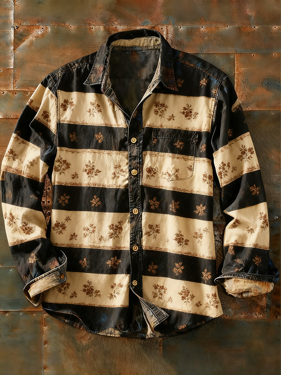 Camisa de manga larga casual de impresión de arte abstracto retro de los hombres