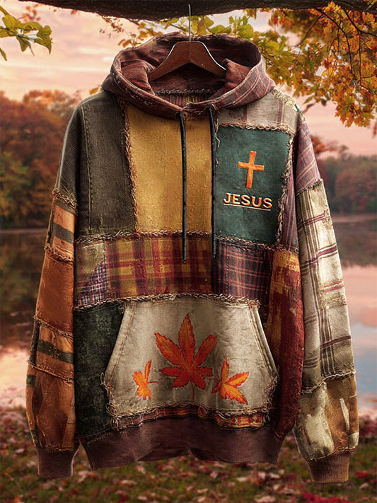 Retro Casual Faith Cross Art Print Oversized Drop-Shoulder Bolsillos Sudadera con capucha