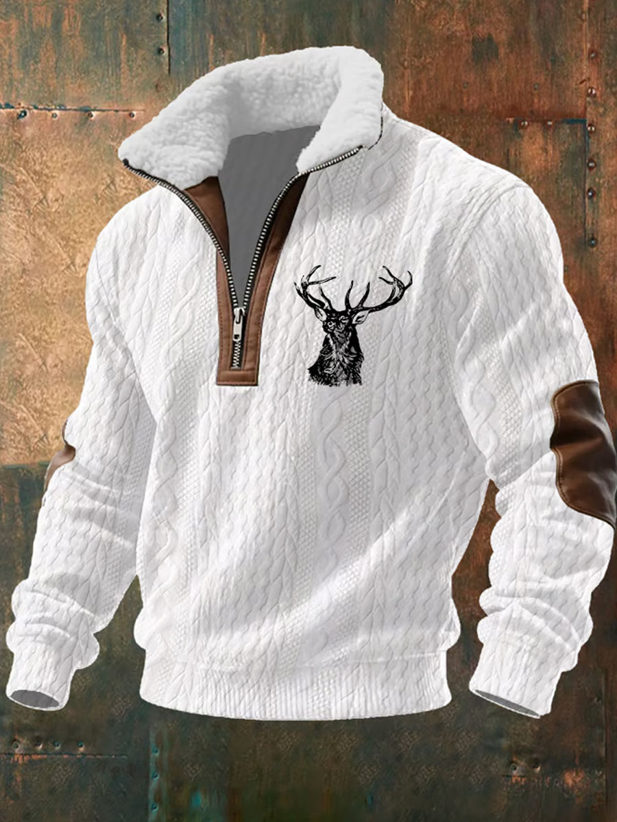 Hombres Retro Western Art Print Casual cremallera cuello de piel sudadera