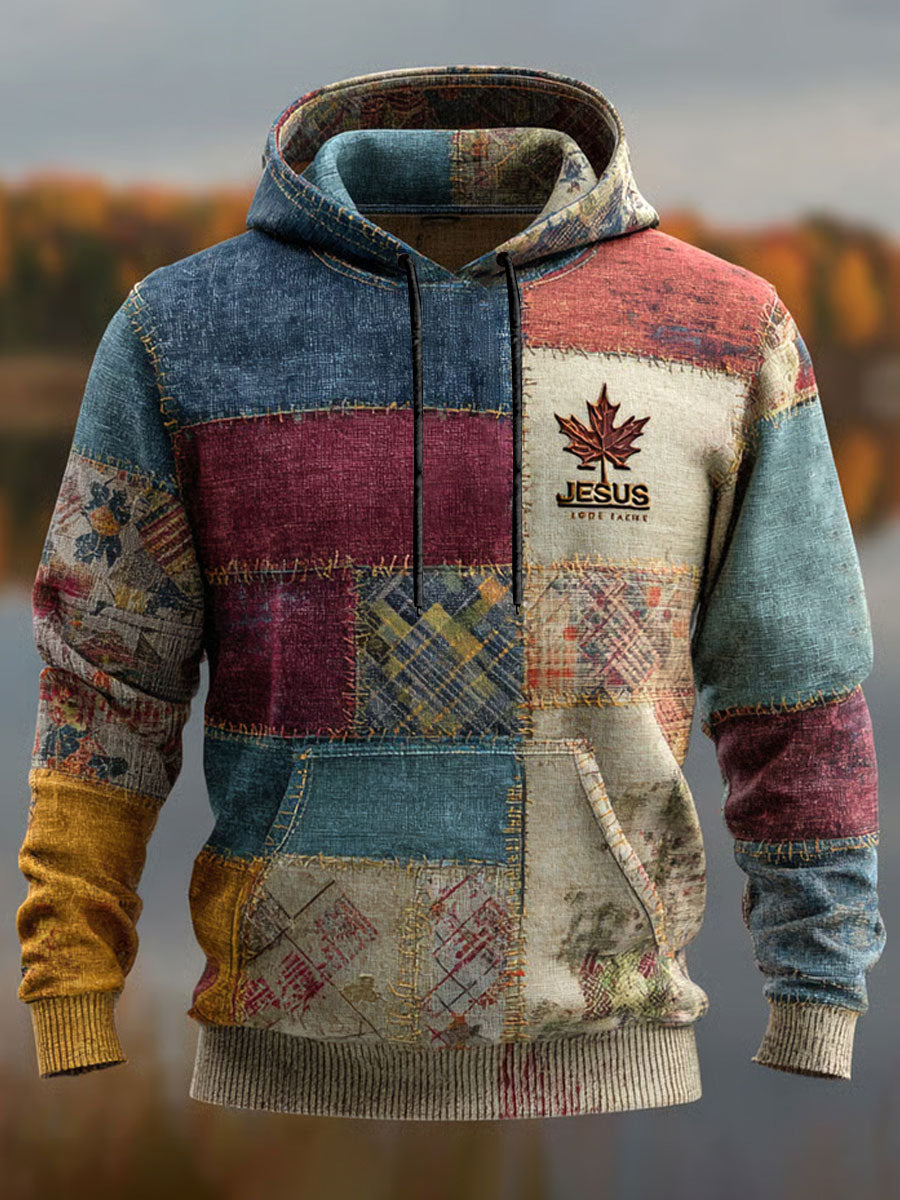 Retro Casual Faith Cross Art Print Oversized Drop-Shoulder Bolsillos Sudadera con capucha