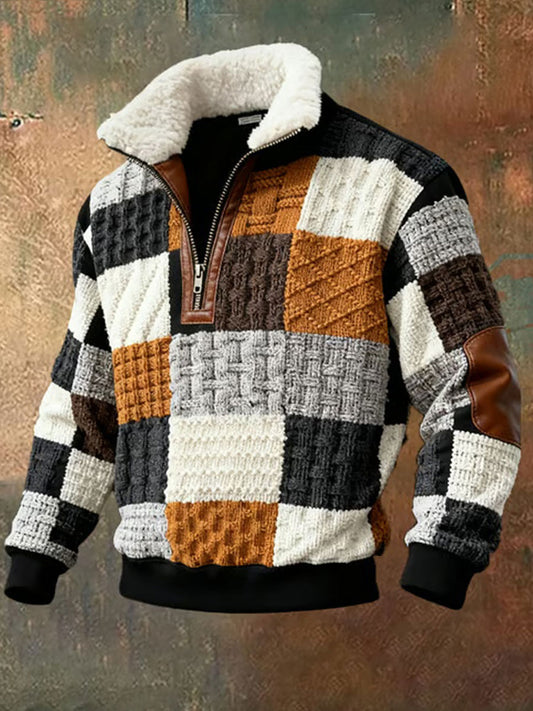 Hombres Retro Color Block Imprimir Casual Cuello de piel Sudadera de manga larga