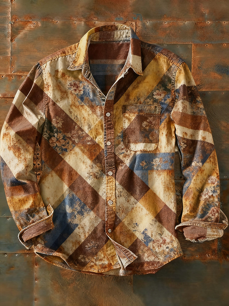 Camisa de manga larga casual de impresión de arte abstracto retro de los hombres