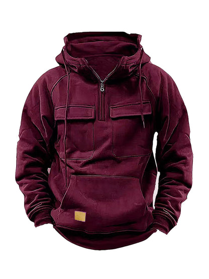 Sudadera con capucha multi-bolsillo de color sólido para hombres