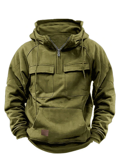 Sudadera con capucha multi-bolsillo de color sólido para hombres