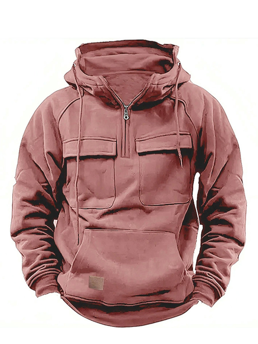 Sudadera con capucha multi-bolsillo de color sólido para hombres