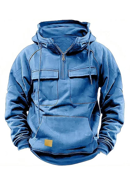 Sudadera con capucha multi-bolsillo de color sólido para hombres