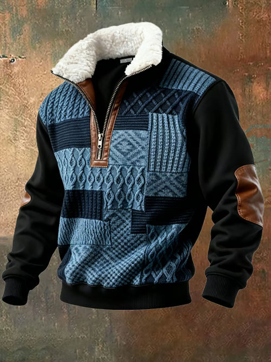 Hombres Retro Color Block Imprimir Casual Cuello de piel Sudadera de manga larga