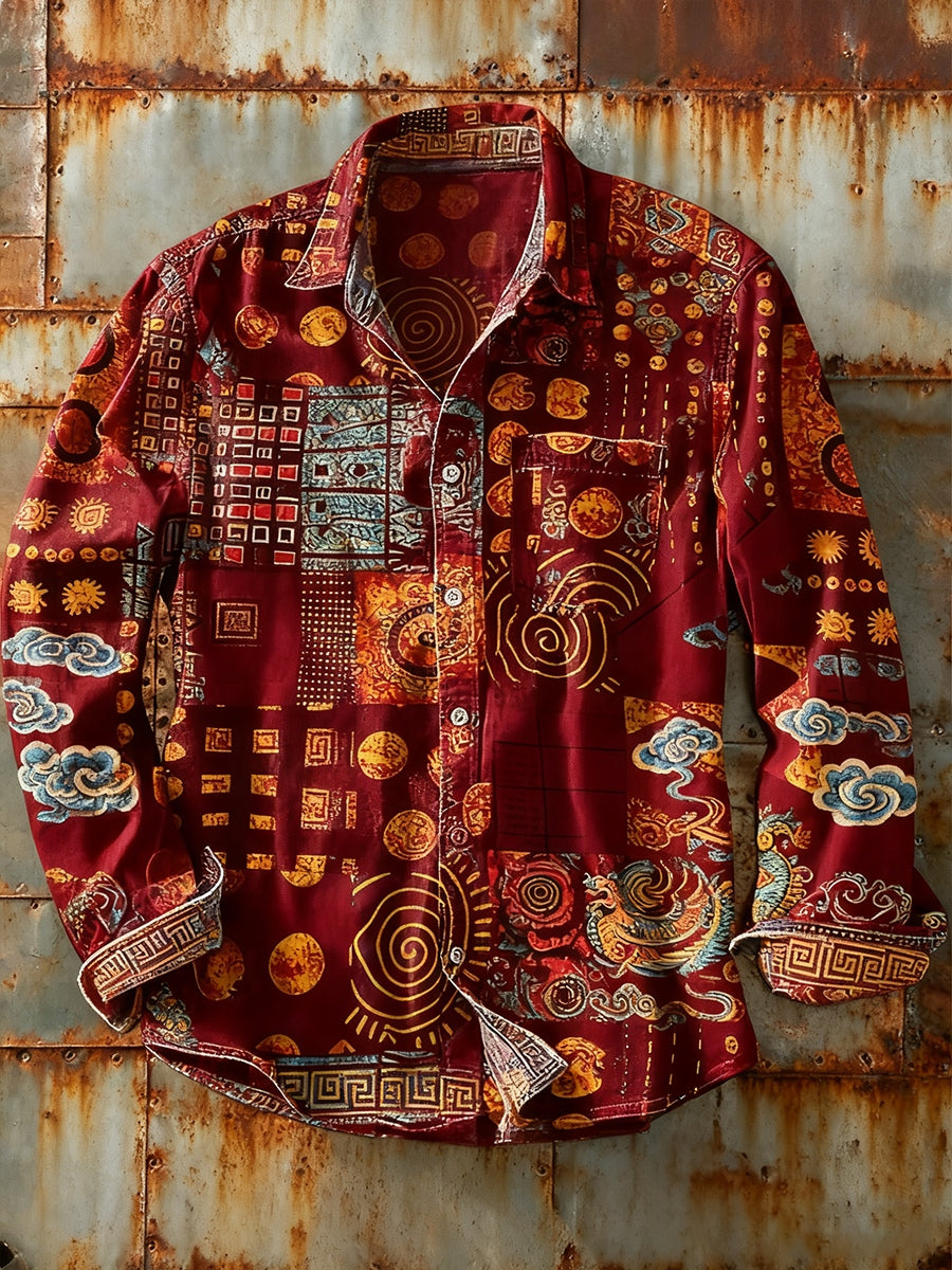 Camisa de manga larga casual de impresión de arte abstracto retro de los hombres