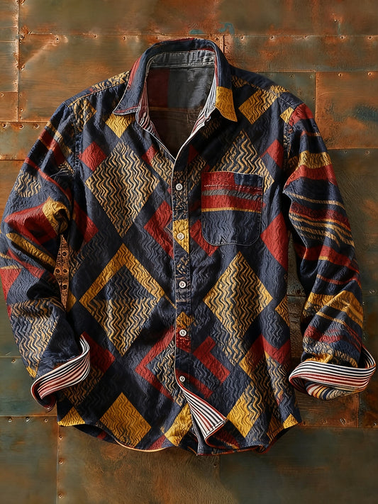 Camisa de manga larga casual de impresión de arte abstracto retro de los hombres