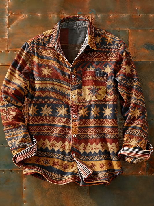 Camisa de manga larga casual de impresión de arte abstracto retro de los hombres