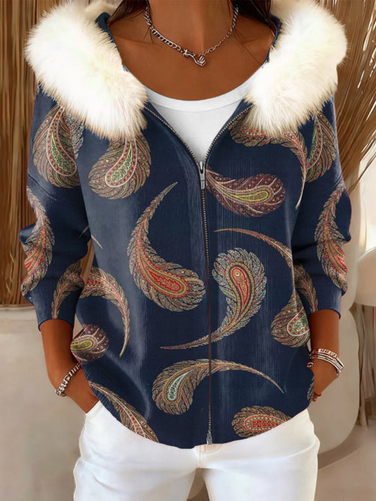 Chaqueta con capucha de piel con estampado floral de Paisley para mujer