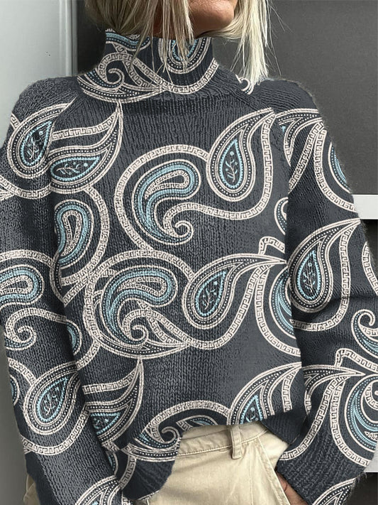 Jersey de cuello alto Paisley azul marino para mujer