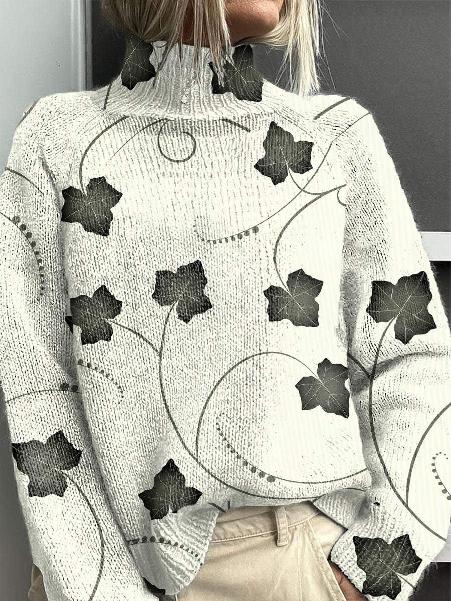 Jersey de cuello alto floral minimalista amarillo pálido para mujer