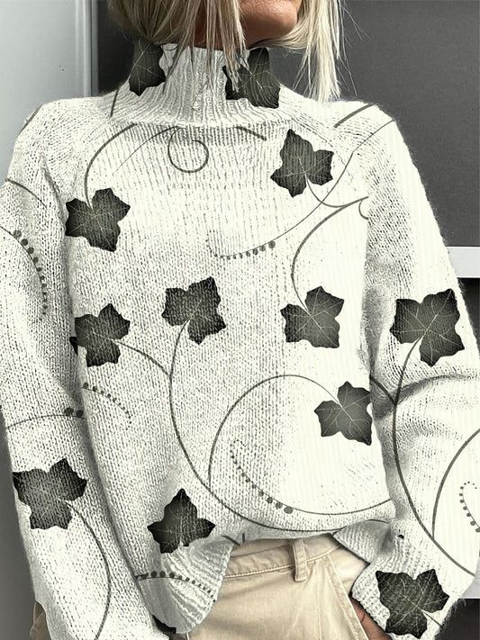 Jersey de cuello alto floral minimalista amarillo pálido para mujer