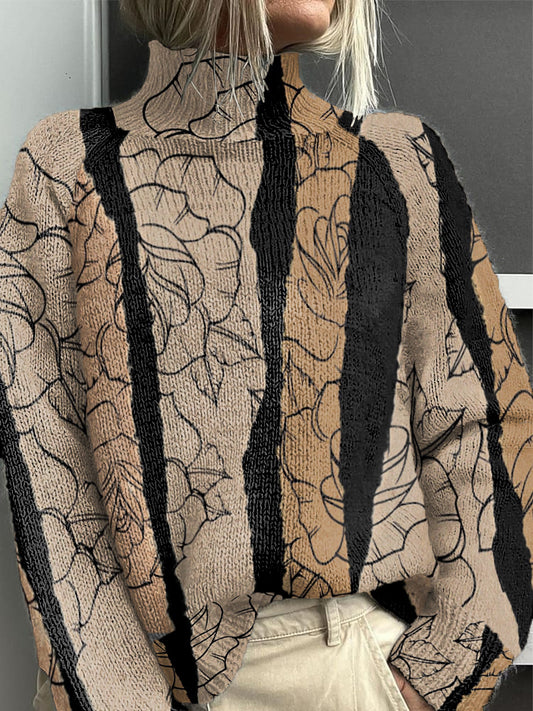 Mujer Floral Fashion Striped Turtleneck Jumper
