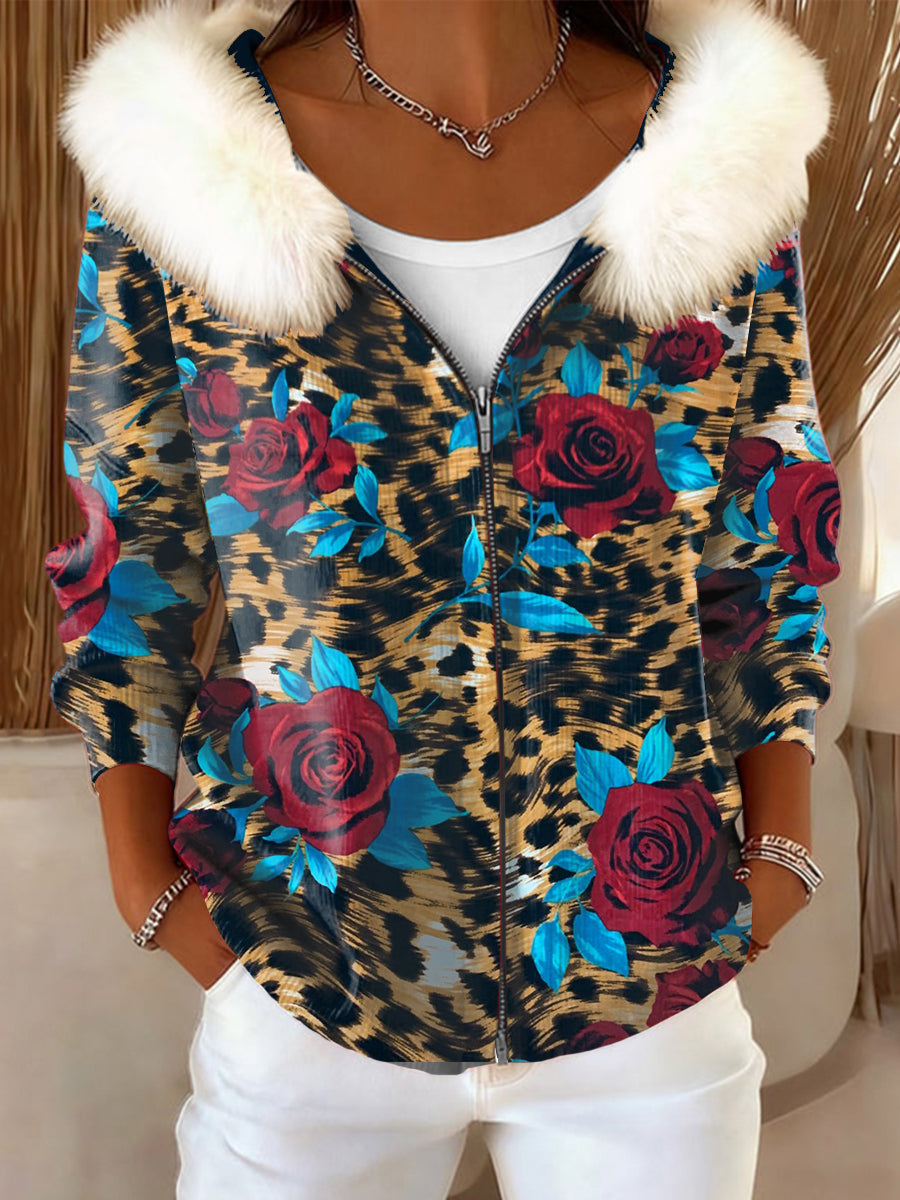 Mujer Con Capucha Floral Estampado Leopardo