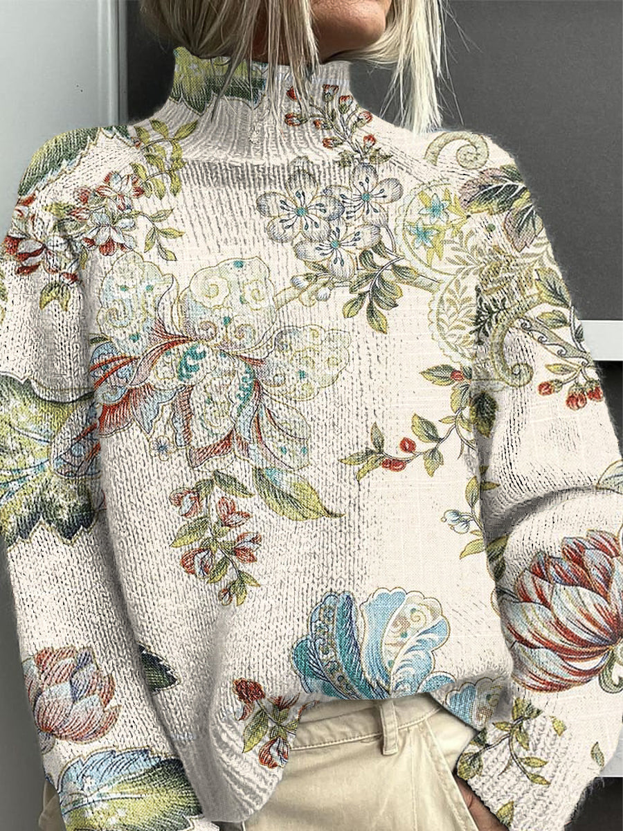 Jersey de cuello alto floral de ocio para mujer