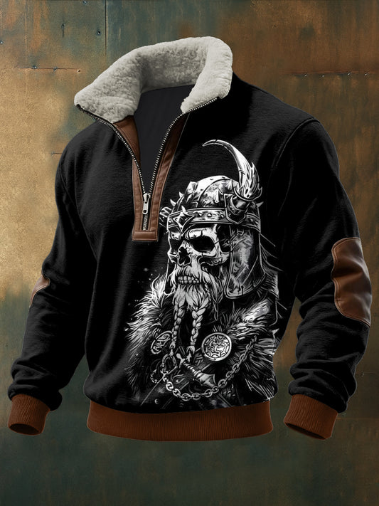 Hombres Vikingo Guerrero cráneo impreso manga larga Stand Up Collar Lambhair cremallera superior