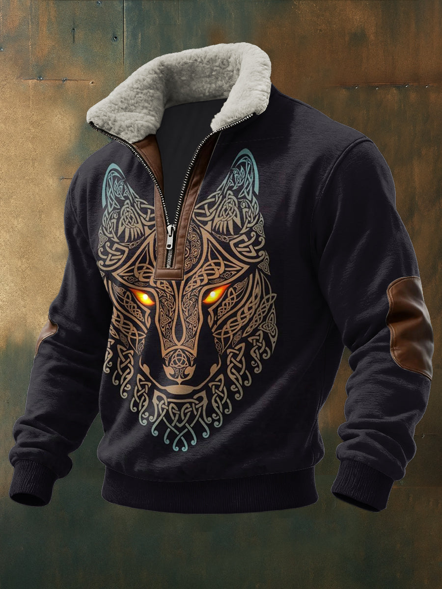 Hombres Viking Totem Impreso de manga larga Stand Up Collar Lambhair Zipper Top