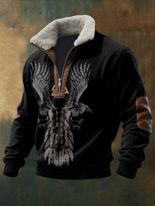 Hombres Viking Totem Impreso de manga larga Stand Up Collar Lambhair Zipper Top
