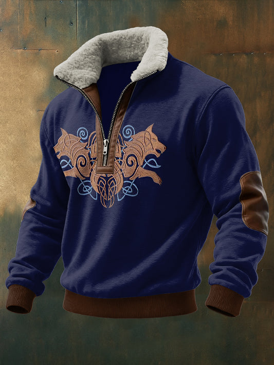 Hombres Viking Totem Impreso de manga larga Stand Up Collar Lambhair Zipper Top