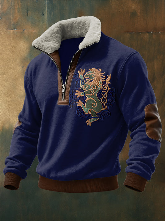 Hombres Viking Totem Impreso de manga larga Stand Up Collar Lambhair Zipper Top