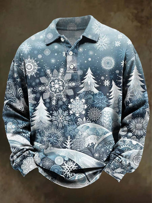Polo de manga larga casual con estampado de copo de nieve de Navidad