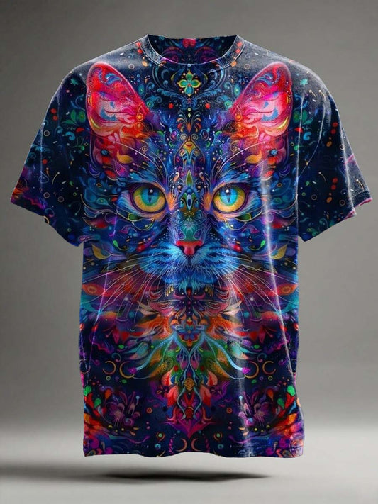 Camiseta informal de manga corta con estampado de gato abstracto