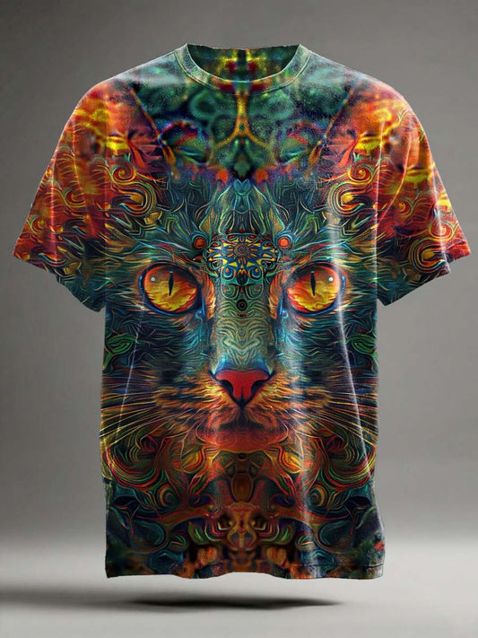 Camiseta informal de manga corta con estampado de gato abstracto