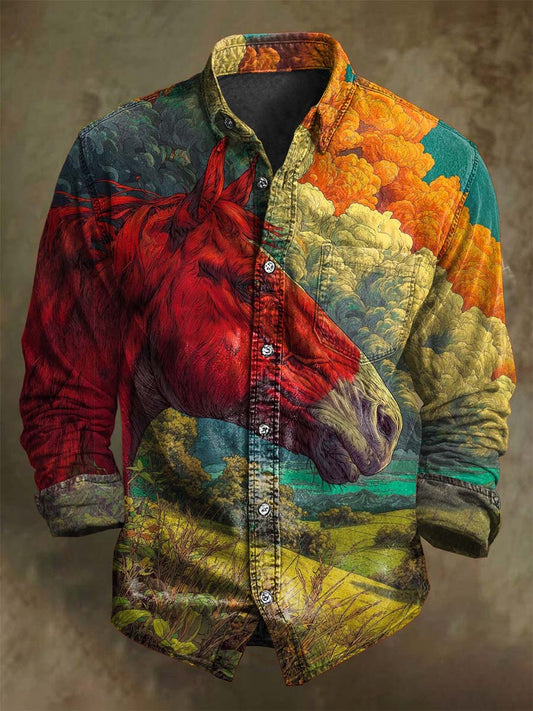 Camisa de manga larga casual con estampado de caballo abstracto