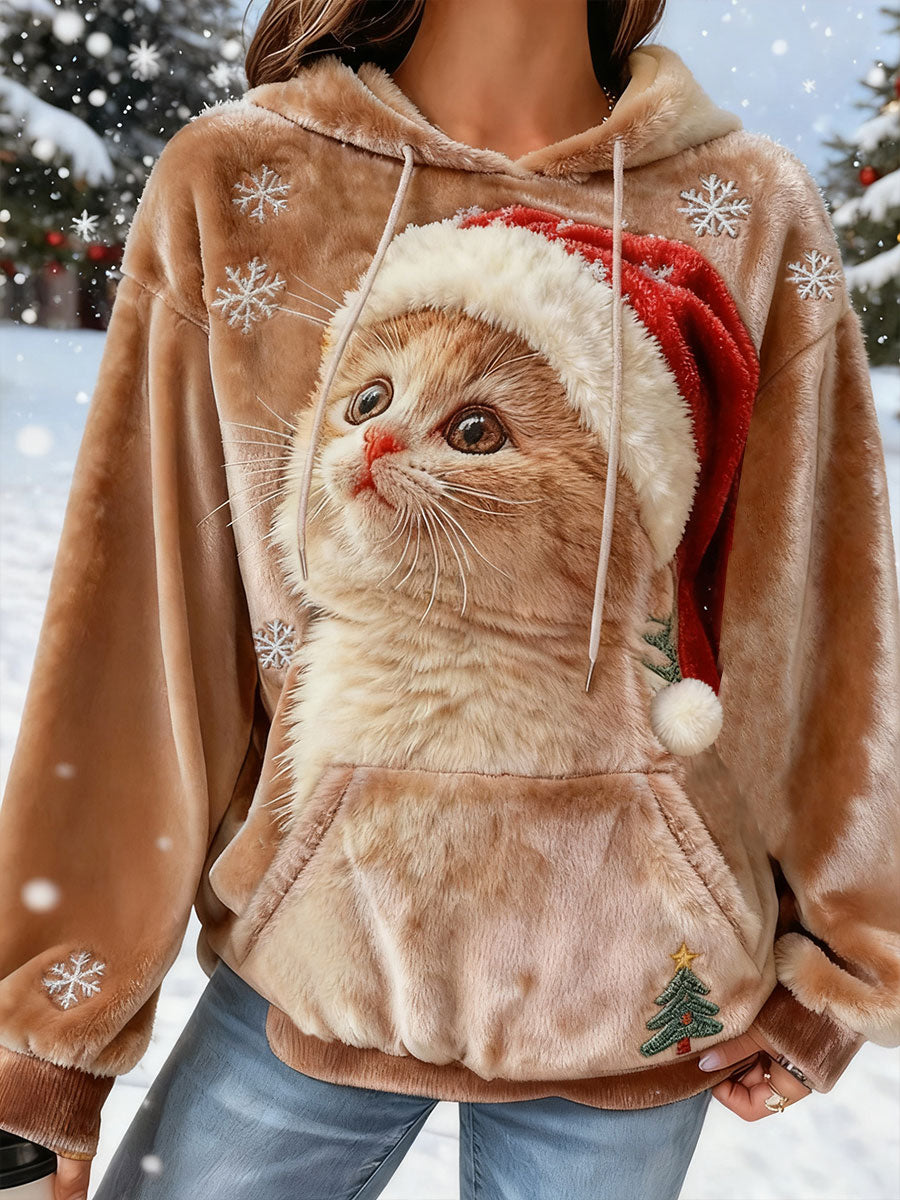 Sudadera de franela casual con estampado de arte de gato lindo de Navidad para mujer