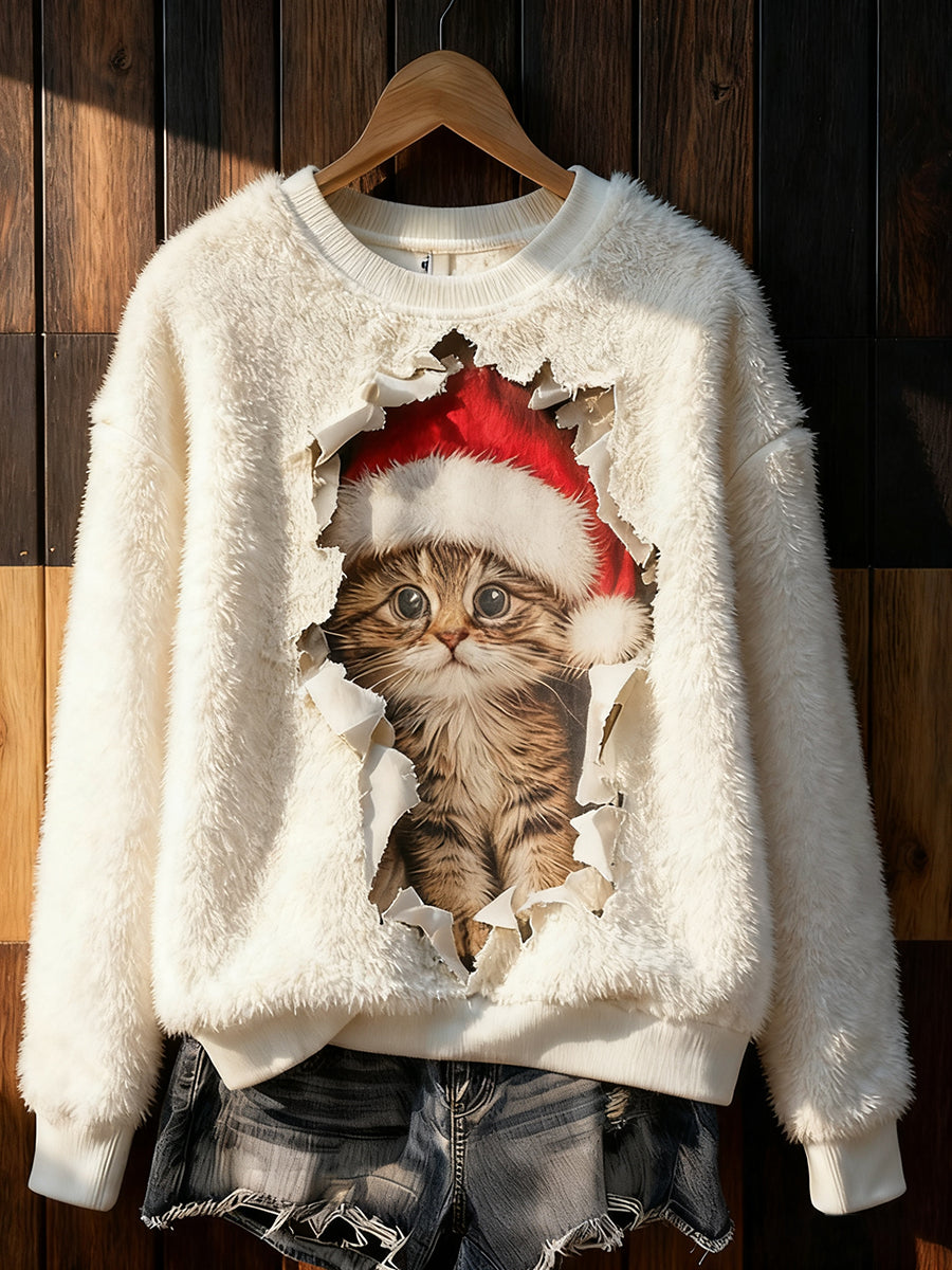 Sudadera de franela casual con estampado de arte de gato lindo de Navidad para mujer