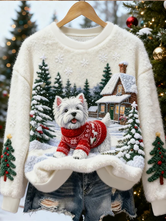 Suéter de franela casual con estampado de arte de perro de Navidad lindo para mujer