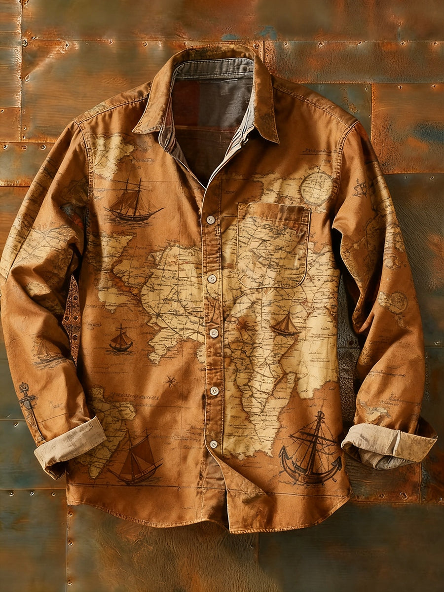 Camisa de manga larga casual de impresión de arte abstracto retro de los hombres