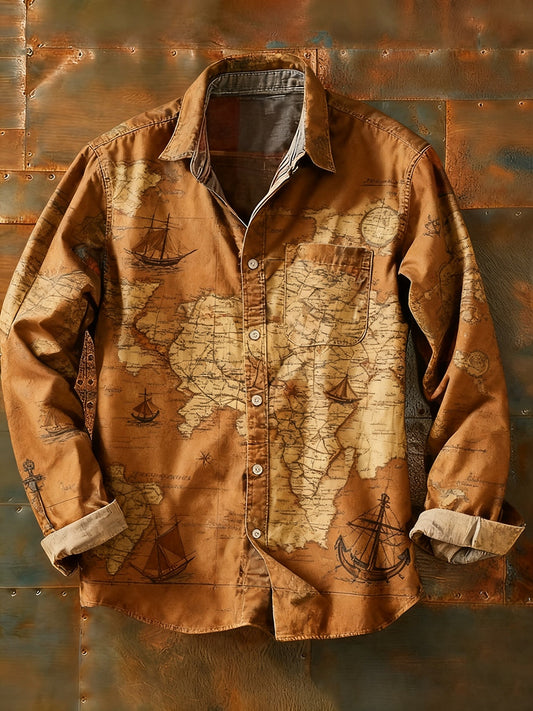 Camisa de manga larga casual de impresión de arte abstracto retro de los hombres