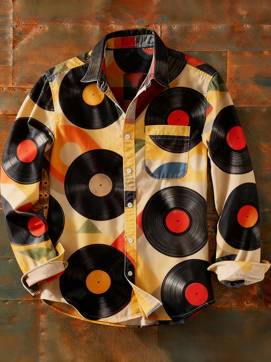 Camisa de manga larga casual de impresión de arte abstracto retro de los hombres